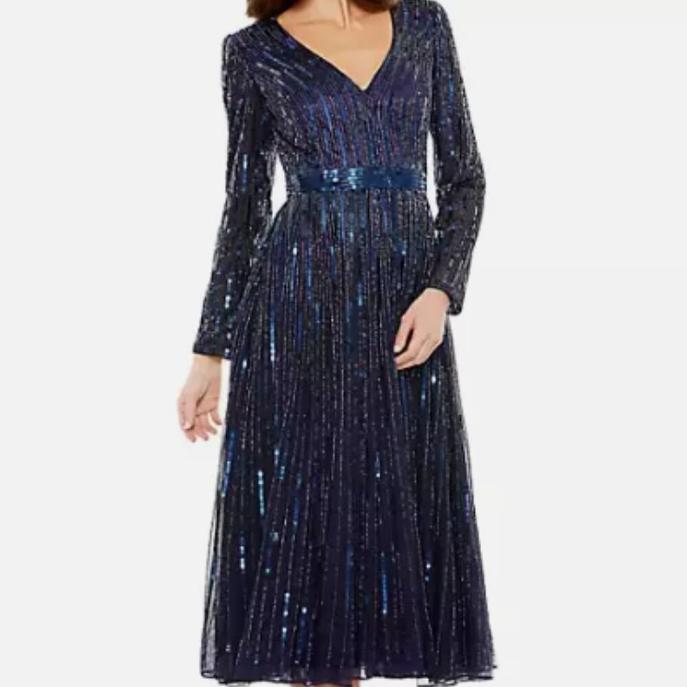 MAC DUGGAL 5528 LONG SLEEVE TEA LENGTH MIDNIGHT NAVY BALLGOWN sz 18